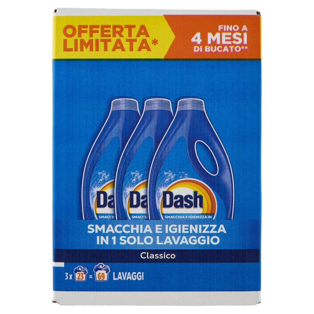 Dash Power Detersivo Liquido Lavatrice, Classico, 3x23 Lavaggi=69 Lavaggi 3x1035 ml